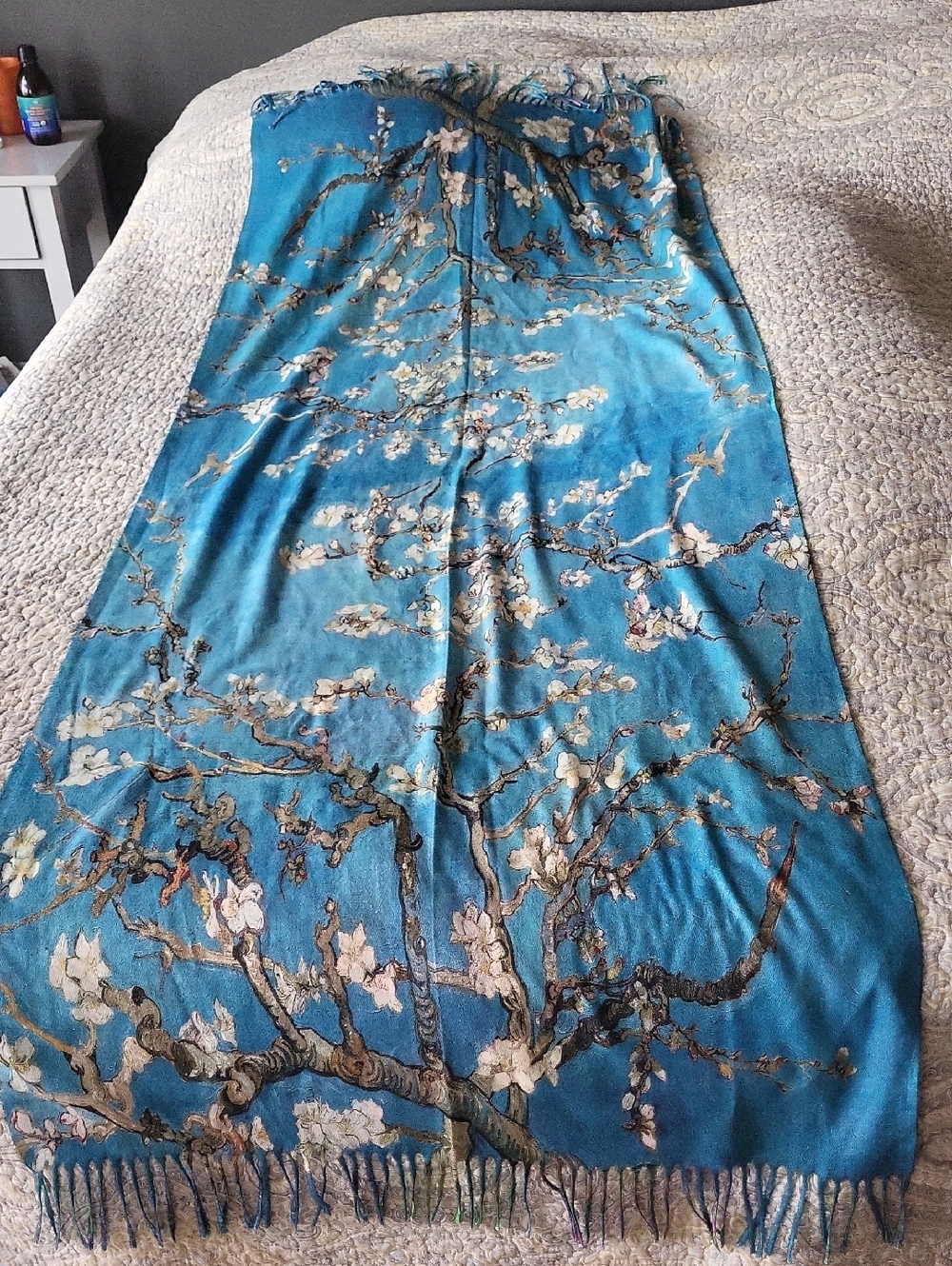 Teal Floral Branch Fringe Scarf